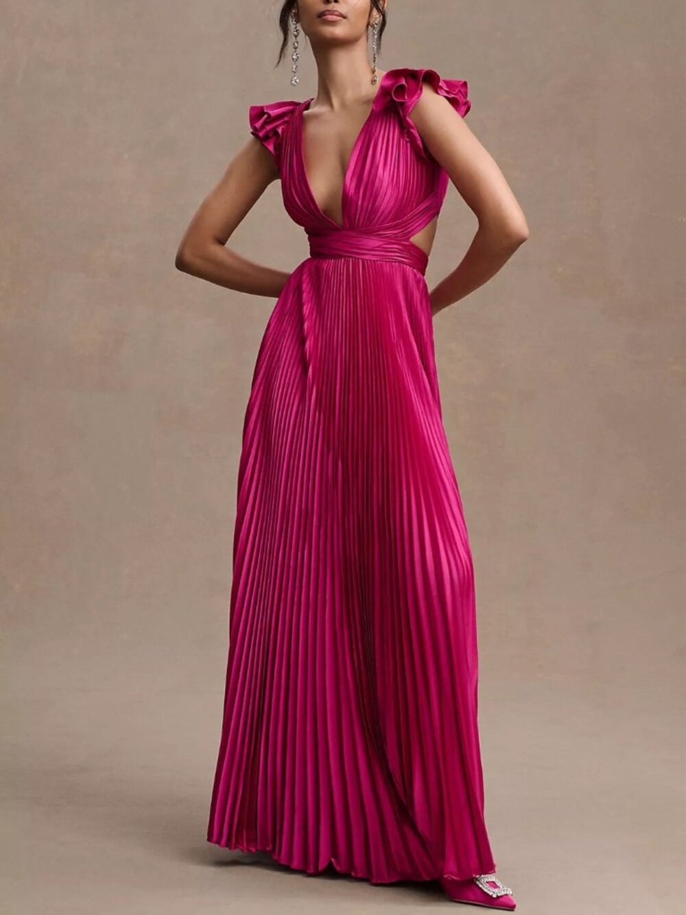 Mac Duggal Fuchsia Pleated Maxi Dress with Ruffled Shoulders